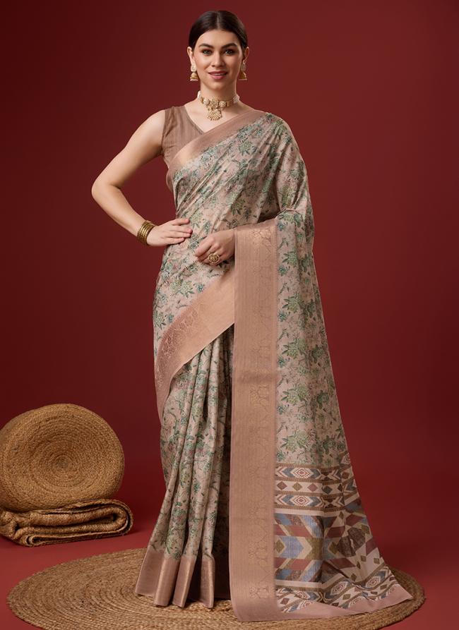 Cotton Light Brown Festival Wear Floral Print Saree